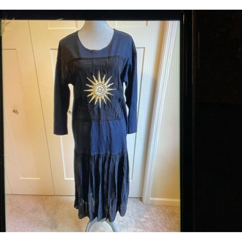 Johnny Was Black Linen Midi Cotton Sunshine T Shirt Dress Medium-Large Art S66